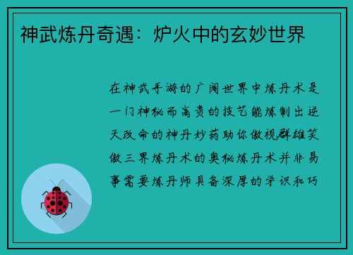 神武炼丹奇遇：炉火中的玄妙世界